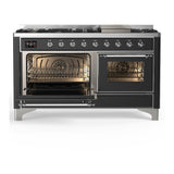 ILVE UM60FNR3MGCLP Majestic III 60 inch Dual Fuel Range with 9 Burners and Griddle, Dual Function Burner up to 25,000 BTU (Liquid Propane, Triple Glass Door, Graphite Matte, Chrome)