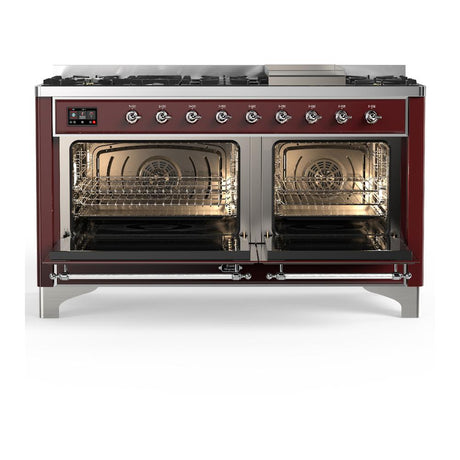 ILVE UM60FQNR3BUC Majestic III 60 inch Dual Fuel Range with 9 Burners and Griddle, Dual Function Burner up to 25,000 BTU (Natural Gas, Solid Door, Burgundy, Chrome)
