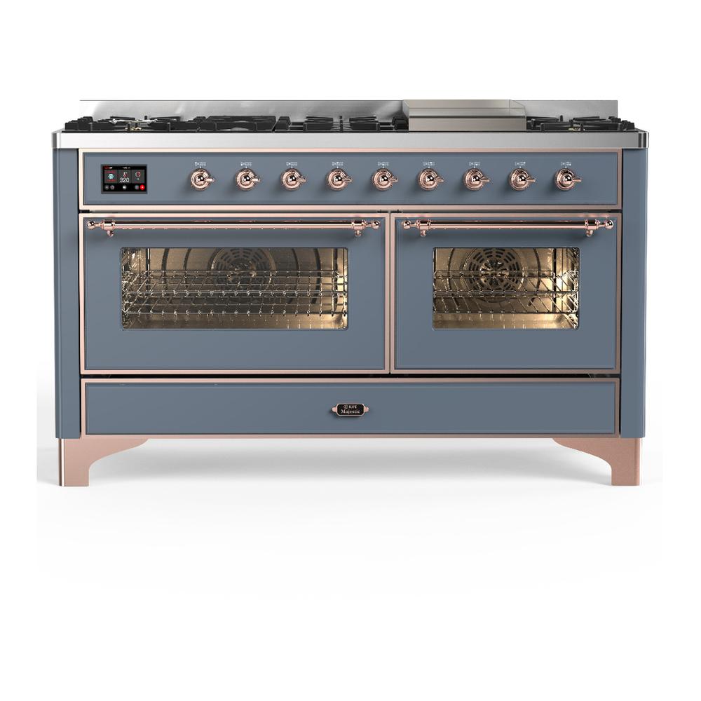 ILVE UM60FNR3BGP Majestic III 60 inch Dual Fuel Range with 9 Burners and Griddle, Dual Function Burner up to 25,000 BTU (Natural Gas, Triple Glass Door, Blue Grey, Copper)