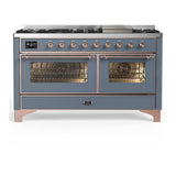 ILVE UM60FNR3BGP Majestic III 60 inch Dual Fuel Range with 9 Burners and Griddle, Dual Function Burner up to 25,000 BTU (Natural Gas, Triple Glass Door, Blue Grey, Copper)