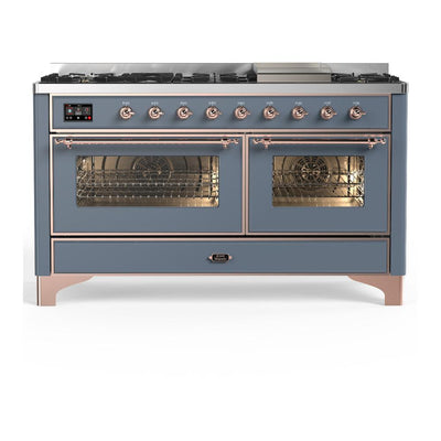 ILVE UM60FNR3BGP Majestic III 60 inch Dual Fuel Range with 9 Burners and Griddle, Dual Function Burner up to 25,000 BTU (Natural Gas, Triple Glass Door, Blue Grey, Copper)