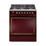 ILVE UN30QNMPBUB Nostalgie II Noblesse 30 inch Dual Fuel Range (Natural Gas, Solid Door, Burgundy, Burnished)