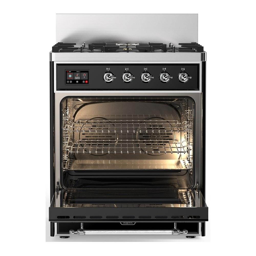ILVE UM30QNR3BKCLP Majestic III 30 inch Dual Fuel Range with 5 Black Brass Burners, Dual Function Burner up to 25,000 BTU (Liquid Propane, Solid Door, Glossy Black, Chrome)