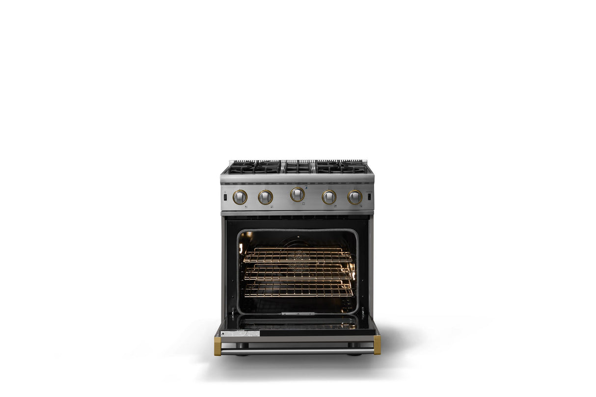 30"W. Open Burner Gas Range (Finish: Damascus Gray, Trim: Brushed Brass, Fuel: Natural Gas)