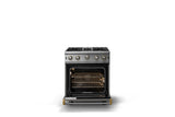 30"W. Open Burner Gas Range (Finish: Damascus Gray, Trim: Brushed Brass, Fuel: Propane)