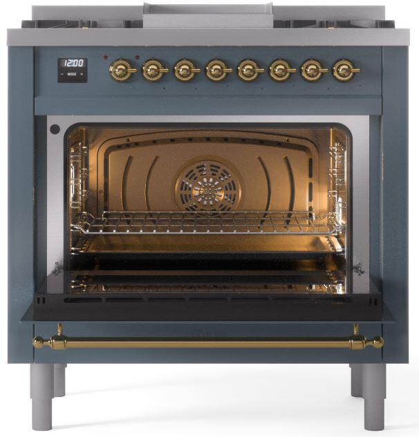 Nostalgie II 36 Inch Dual Fuel Liquid Propane Freestanding Range in Blue Grey with Brass Trim