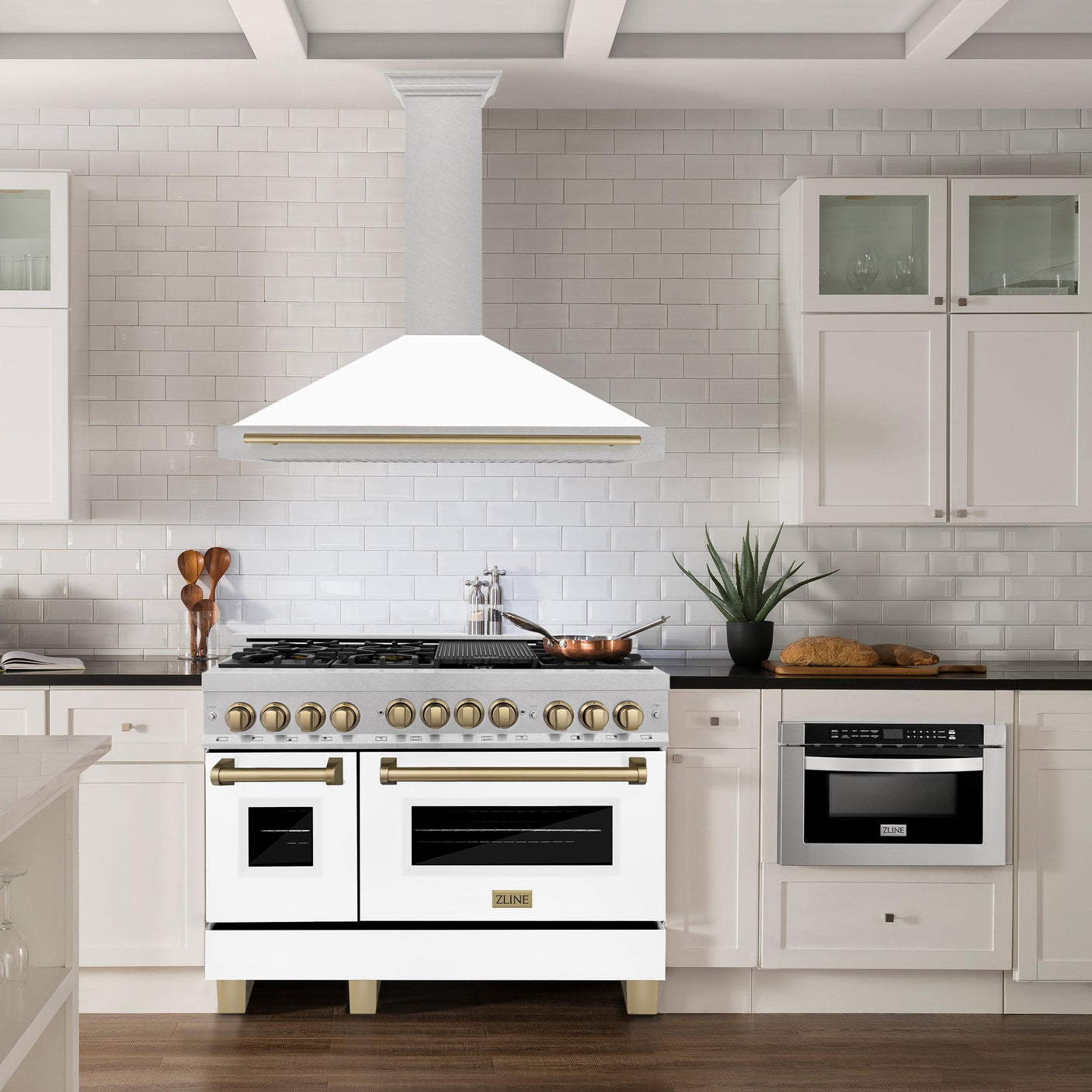 ZLINE 48 in. Autograph Edition DuraSnow Stainless Steel Range Hood with White Matte Shell and Accented Handles (KB4SNZ-WM48) [Color: Champagne Bronze Accents]
