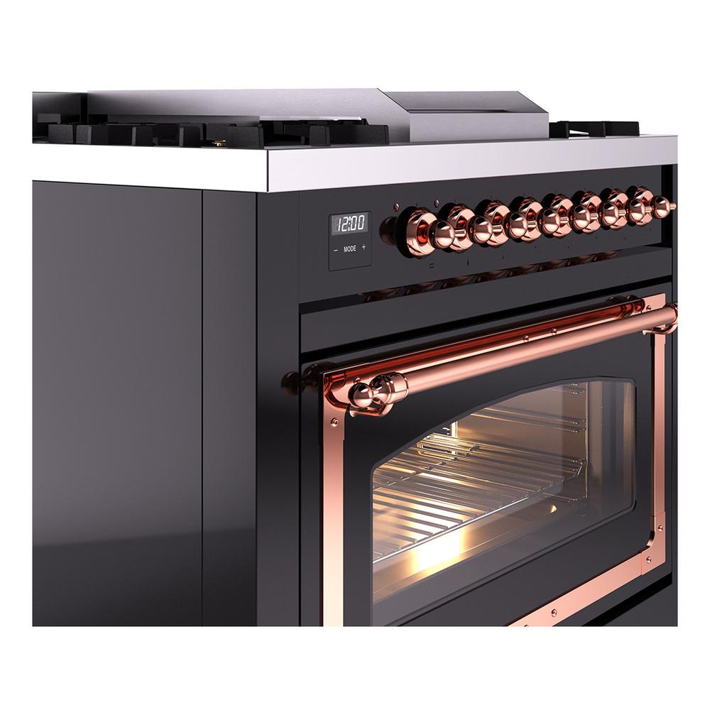 ILVE UN36FNMPBKP Nostalgie II Noblesse 36 inch Dual Fuel Range (Natural Gas, Triple Glass Door, Glossy Black, Copper)