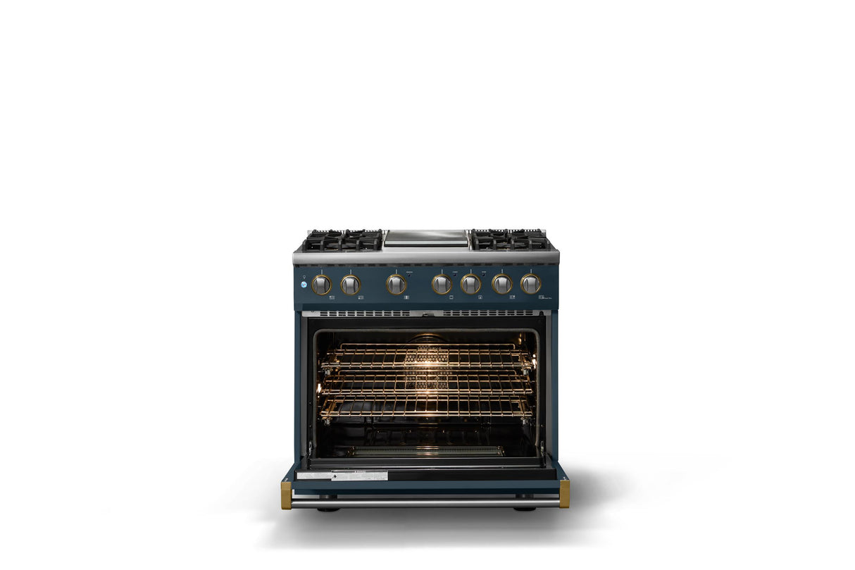 36"W. Dual Fuel Range (Burner: 4g, Finish: Squall, Trim: Brushed Brass, Fuel: Propane)