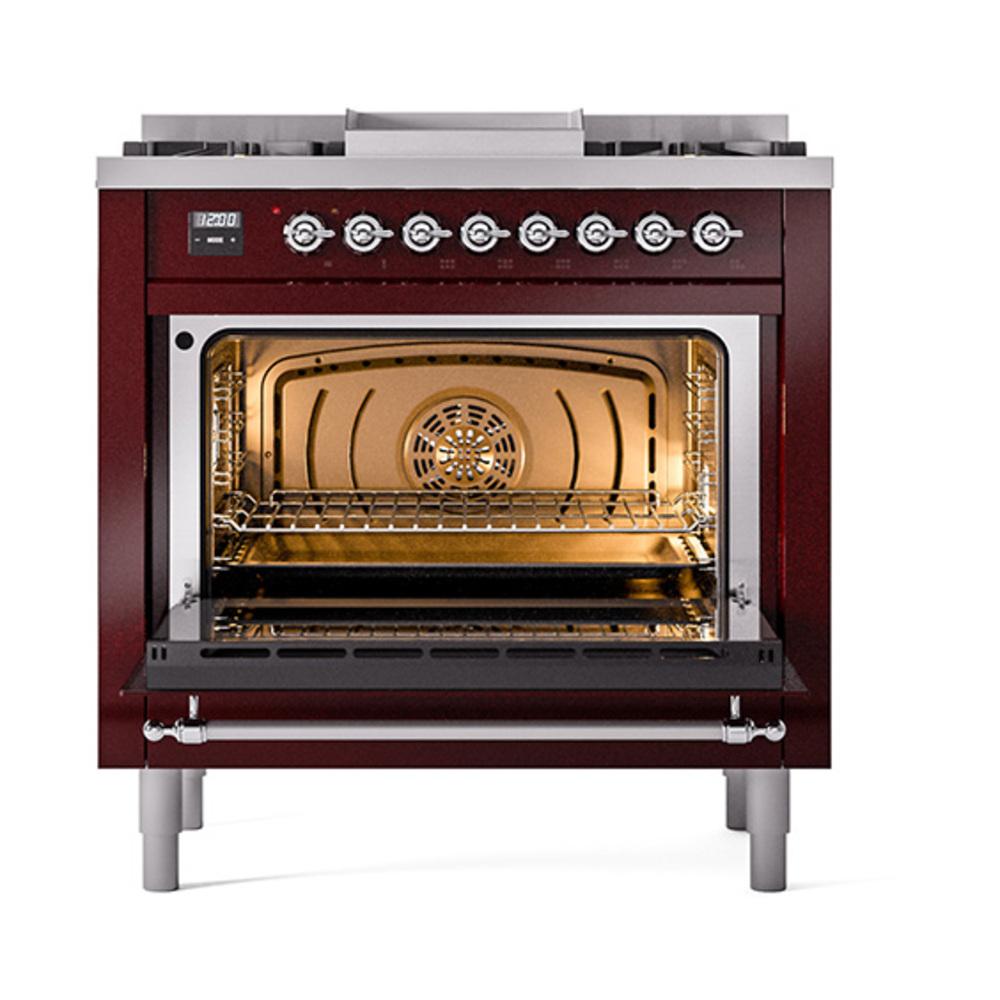ILVE UN36FNMPBUCLP Nostalgie II Noblesse 36 inch Dual Fuel Range (Liquid Propane, Triple Glass Door, Burgundy, Chrome)