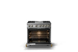 36"W. Dual Fuel Range (Burner: 4g, Finish: Stainless Steel, Trim: Brushed Brass, Fuel: Natural Gas)