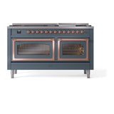 ILVE UN60FNMPBGP Nostalgie II Noblesse 60 inch Dual Fuel Range (9 Sealed Burners + Griddle, Natural Gas, Triple Glass Door, Blue Grey, Copper)