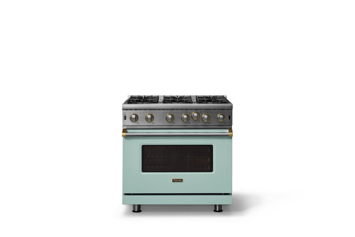 36"W. Open Burner Gas Range (Finish: Splash, Trim: Brushed Brass, Fuel: Propane)