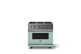 36"W. Open Burner Gas Range (Finish: Splash, Trim: Brushed Brass, Fuel: Propane)