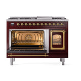 ILVE UN48FNMPBUGLP Nostalgie II Noblesse 48 inch Dual Fuel Range (8 Sealed Burners + Griddle, Liquid Propane, Triple Glass Door, Burgundy, Brass)