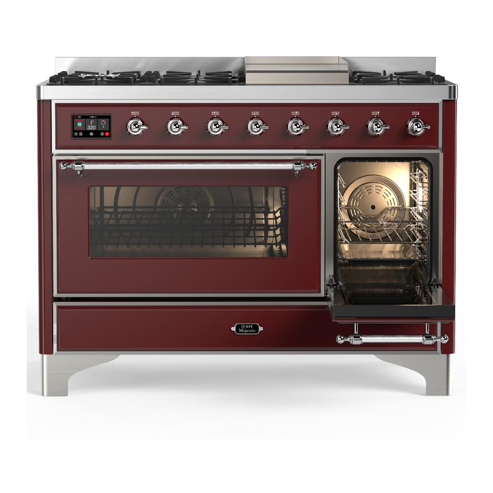 ILVE UM48FNR3BUC Majestic III 48 inch Dual Fuel Range with 8 Burners and Griddle, Dual Function Burner up to 25,000 BTU (Natural Gas, Triple Glass Door, Burgundy, Chrome)