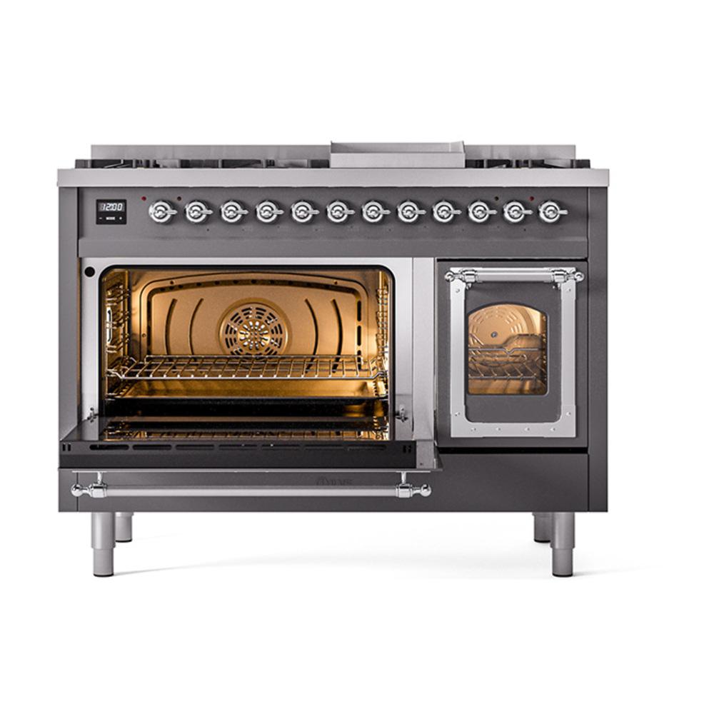 ILVE UN48FNMPMGC Nostalgie II Noblesse 48 inch Dual Fuel Range (8 Sealed Burners + Griddle, Natural Gas, Triple Glass Door, Graphite Matte, Chrome)