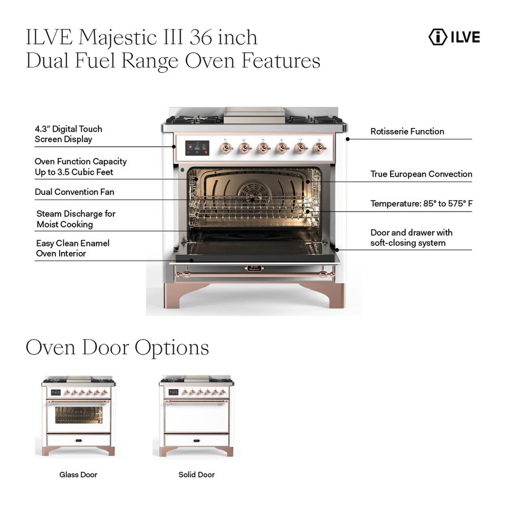 ILVE UM36FNR3BGC Majestic III 36 inch Dual Fuel Range with 6 Black Brass Burners and Griddle, Dual Function Burner up to 25,000 BTU (Triple Glass Door, Blue Grey, Chrome, Natural Gas)