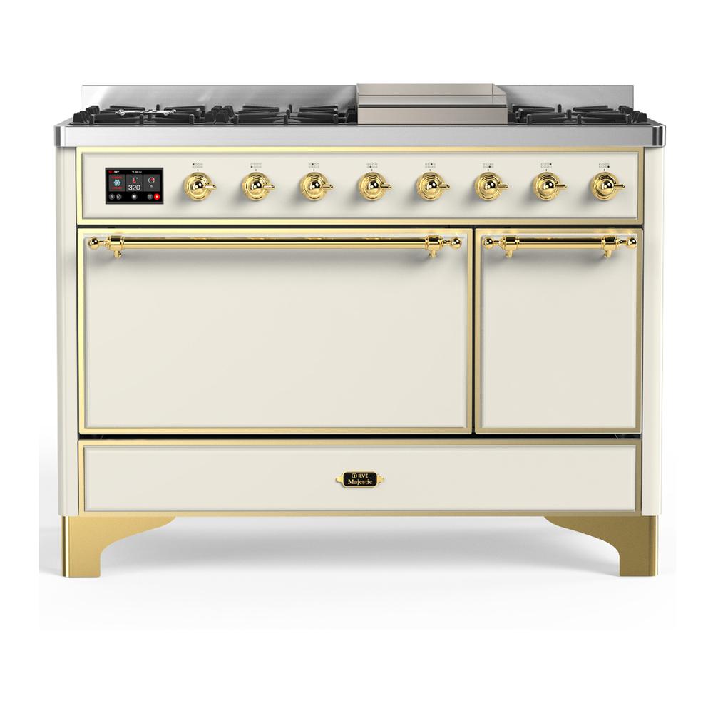 ILVE UM48FQNR3AWG Majestic III 48 inch Dual Fuel Range with 8 Burners and Griddle, Dual Function Burner up to 25,000 BTU (Natural Gas, Solid Door, Antique White, Brass)
