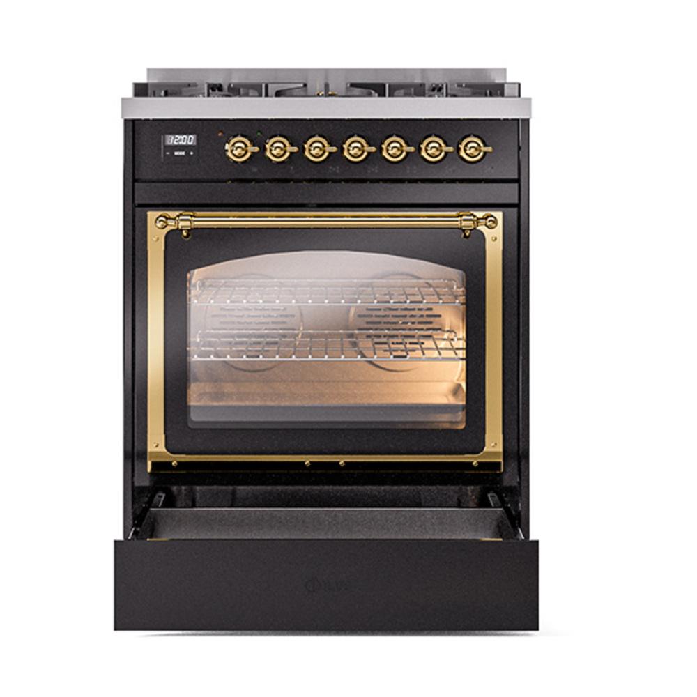 ILVE UN30NMPBKGLP Nostalgie II Noblesse 30 inch Dual Fuel Range (Liquid Propane, Triple Glass Door, Glossy Black, Brass)