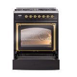 ILVE UN30NMPBKGLP Nostalgie II Noblesse 30 inch Dual Fuel Range (Liquid Propane, Triple Glass Door, Glossy Black, Brass)