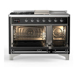 ILVE UM48FSNR3BKCLP Majestic III 48 inch Dual Fuel Range with 5 Black Brass Burners, Griddle and French Top, Dual Function Burner up to 25,000 BTU (Liquid Propane, Triple Glass Door, Glossy Black, Chrome)