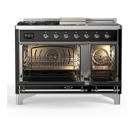 ILVE UM48FSNR3BKCLP Majestic III 48 inch Dual Fuel Range with 5 Black Brass Burners, Griddle and French Top, Dual Function Burner up to 25,000 BTU (Liquid Propane, Triple Glass Door, Glossy Black, Chrome)