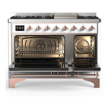 ILVE UM48FQNR3WHPLP Majestic III 48 inch Dual Fuel Range with 8 Burners and Griddle, Dual Function Burner up to 25,000 BTU (Liquid Propane, Solid Door, White, Copper)