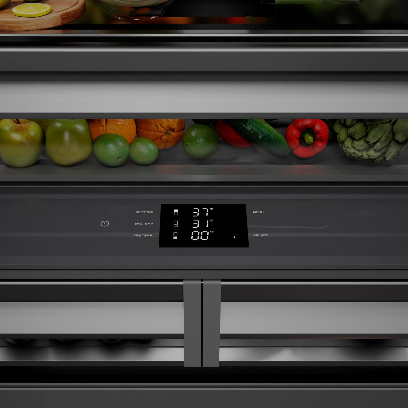 ZLINE Autograph Edition 36 in. 19.6 cu. ft. French Door Built-In Bottom Freezer Refrigerator with Water Dispenser and Ice Maker in DuraSnow' Stainless Steel with Graphite Gray Interior and Polished Gold Accents (GRBIVZ-SN-36-G)