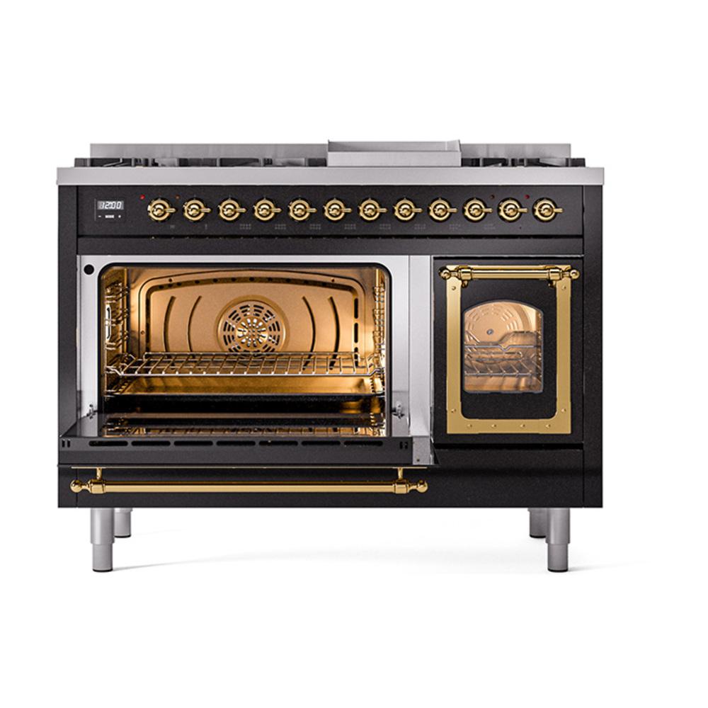 ILVE UN48FNMPBKGLP Nostalgie II Noblesse 48 inch Dual Fuel Range (8 Sealed Burners + Griddle, Liquid Propane, Triple Glass Door, Glossy Black, Brass)