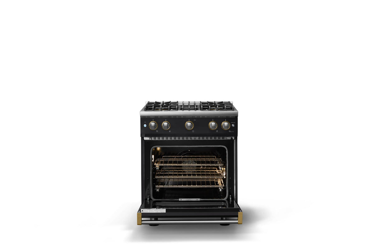 30"W. Sealed Burner Gas Range (Finish: Onyx, Trim: Brushed Brass, Fuel: Natural Gas)