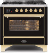 Majestic II 36 Inch Dual Fuel Natural Gas Freestanding Range in Glossy Black with Brass Trim