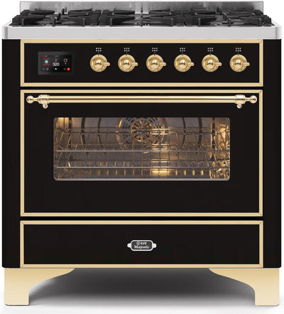 Majestic II 36 Inch Dual Fuel Natural Gas Freestanding Range in Glossy Black with Brass Trim