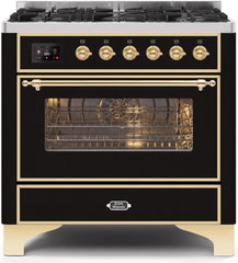 Majestic II 36 Inch Dual Fuel Natural Gas Freestanding Range in Glossy Black with Brass Trim