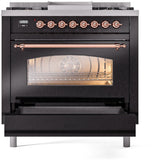 Nostalgie II 36 Inch Dual Fuel Natural Gas Freestanding Range in Glossy Black with Copper Trim