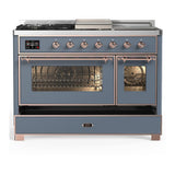 ILVE UM48FSNR3BGPLP Majestic III 48 inch Dual Fuel Range with 5 Black Brass Burners, Griddle and French Top, Dual Function Burner up to 25,000 BTU (Liquid Propane, Triple Glass Door, Blue Grey, Copper)