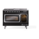 ILVE UN48FSNMPBKCLP Nostalgie II Noblesse 48 inch Dual Fuel Range (5 Sealed Burners + Griddle + French Top, Liquid Propane, Triple Glass Door, Glossy Black, Chrome)