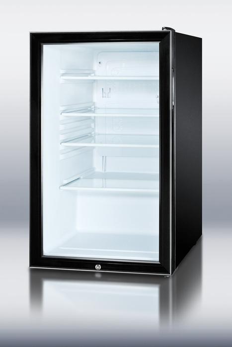 ADA Compliant 20" wide glass door all-refrigerator for freestanding use, auto defrost with a lock and black cabinet