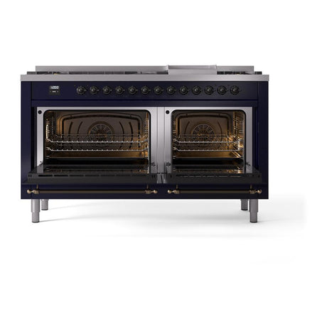 ILVE UN60FQNMPMBB Nostalgie II Noblesse 60 inch Dual Fuel Range (9 Sealed Burners + Griddle, Natural Gas, Solid Door, Midnight Blue, Burnished)