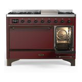 ILVE UM48FQNR3BUBLP Majestic III 48 inch Dual Fuel Range with 8 Burners and Griddle, Dual Function Burner up to 25,000 BTU (Liquid Propane, Solid Door, Burgundy, Burnished)