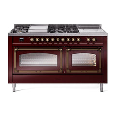 ILVE UN60FSNMPBUBLP Nostalgie II Noblesse 60 inch Dual Fuel Range (7 Sealed Burners + Griddle + French Top, Liquid Propane, Triple Glass Door, Burgundy, Burnished)
