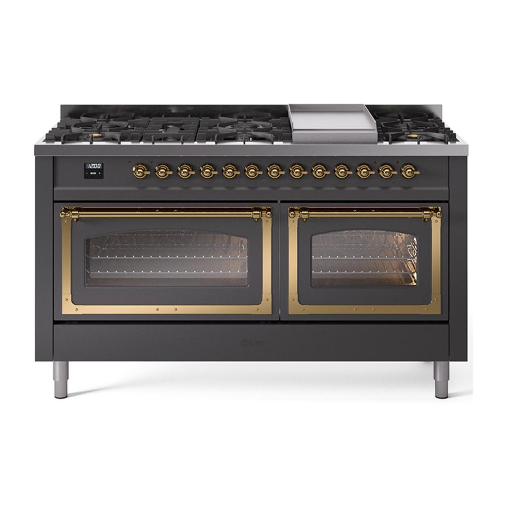 ILVE UN60FNMPMGGLP Nostalgie II Noblesse 60 inch Dual Fuel Range (9 Sealed Burners + Griddle, Liquid Propane, Triple Glass Door, Graphite Matte, Brass)
