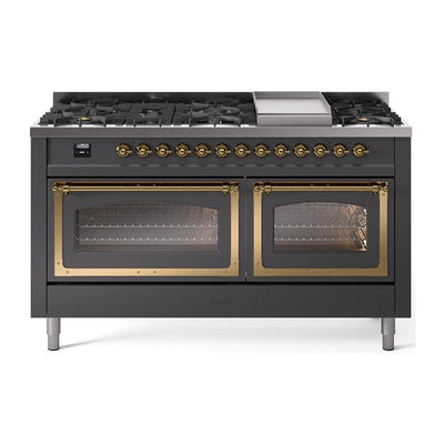ILVE UN60FNMPMGGLP Nostalgie II Noblesse 60 inch Dual Fuel Range (9 Sealed Burners + Griddle, Liquid Propane, Triple Glass Door, Graphite Matte, Brass)