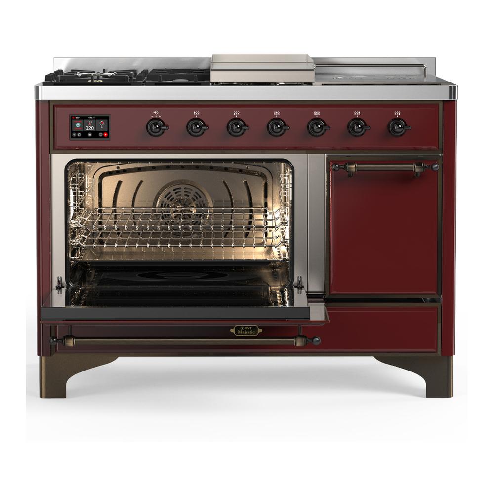 ILVE UM48FSQNR3BUBLP Majestic III 48 inch Dual Fuel Range with 5 Black Brass Burners, Griddle and French Top, Dual Function Burner up to 25,000 BTU (Liquid Propane, Solid Door, Burgundy, Burnished)