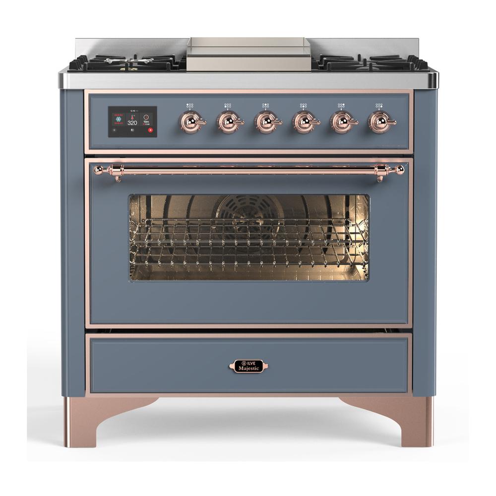 ILVE UM36FNR3BGP Majestic III 36 inch Dual Fuel Range with 6 Black Brass Burners and Griddle, Dual Function Burner up to 25,000 BTU (Triple Glass Door, Blue Grey, Copper, Natural Gas)