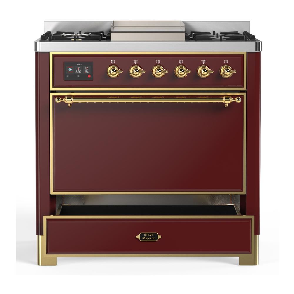 ILVE UM36FQNR3BUG Majestic III 36 inch Dual Fuel Range with 6 Black Brass Burners and Griddle, Dual Function Burner up to 25,000 BTU (Solid Door, Burgundy, Brass, Natural Gas)