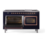 ILVE UN60FNMPMBPLP Nostalgie II Noblesse 60 inch Dual Fuel Range (9 Sealed Burners + Griddle, Liquid Propane, Triple Glass Door, Midnight Blue, Copper)