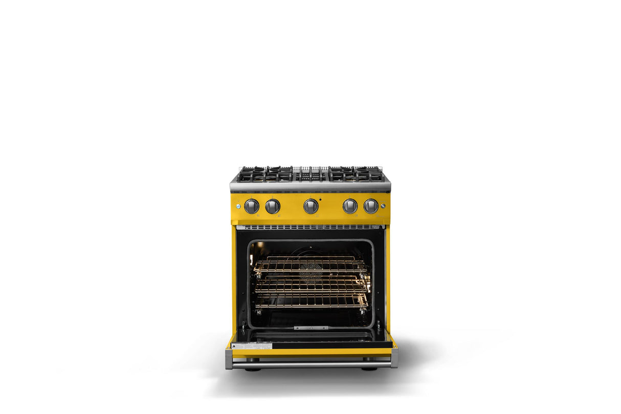 30"W. Sealed Burner Gas Range (Finish: Daffodil, Trim: Polished Chrome, Fuel: Natural Gas)