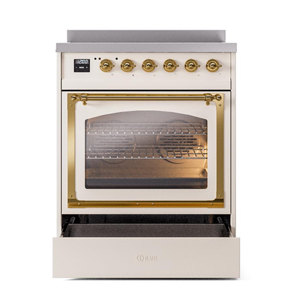 ILVE UNI304NMPAWG Nostalgie II Noblesse 30 inch Induction Range (Triple Glass Door, Antique White, Brass)