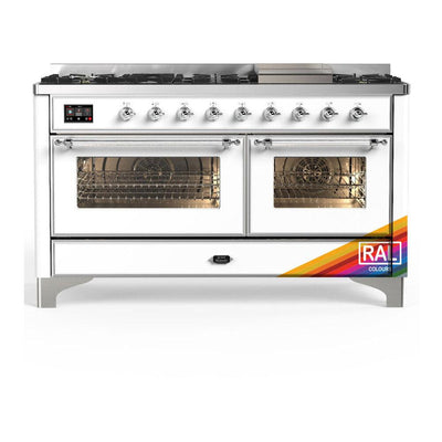 ILVE UM60FNR3RAC Majestic III 60 inch Dual Fuel Range with 9 Burners and Griddle, Dual Function Burner up to 25,000 BTU (Natural Gas, Triple Glass Door, RAL, Chrome)